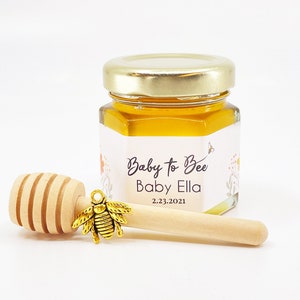 Baby to Bee Honey Baby Shower Favor Personalized Label with Charm, Dipper, & Free Printable Sign image 1