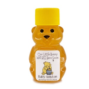 Winnie the Pooh Baby Our Little Hunny 2 oz Mini Bear Favor with Pure U.S. Honey and Personalized Label (Choice of Cap Color)