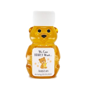 We Can Bearly Wait 2 oz Cute Mini Honey Bear Favor with Pure U.S. Honey and personalized label (Choice of Cap Color)