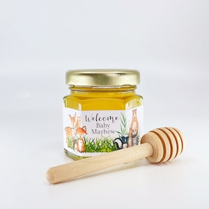 Woodland Animal Baby Shower Party Favor 2 oz Honey with Personalized Label, Honey Dipper, & Free Printable Sign