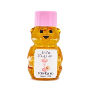 We Can Bearly Wait 2 oz Cute Mini Party Dreaming Bear Favor with Pure U.S. Honey and Personalized Pink Dreaming Label (Choice of Cap Color)