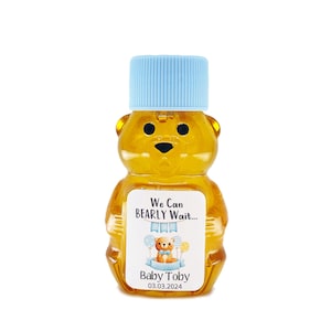 We Can Bearly Wait 2 oz Mini Party Bear Favor with Personalized Blue Party Label and Choice of Cap Color (filled with pure US Honey)