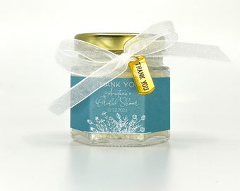 Bath Salts Bridal Shower Favors with Thank You charms, ribbon, and Personalized Dark Blue Label