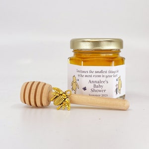 Winnie the Pooh Sometimes the Smallest Things Baby Shower Party Favor 2 oz Honey with Personalized Butterfly Label, Charm, & Dipper