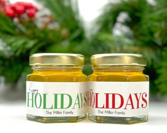 Happy Holidays Christmas Gift Holiday Party Favor Honey- Personalized Label with Bee Charm & Dipper