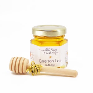 A Little Honey Baby Shower Party Favor 2 oz Honey with Personalized Wildflower Label, Charm, Dipper, & Free Printable Sign