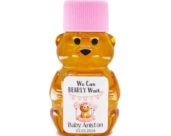 We Can Bearly Wait 2 oz Cute Mini Party Bear Favor with Pure U.S. Honey and Personalized Pink Party Label (Choice of Cap Color)