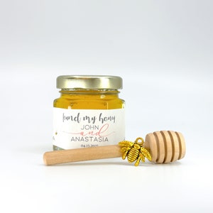 Found My Honey Wedding Bridal Shower Favor 2 oz Honey with Personalized Bouquet Label, Charm, Dipper, & Free Printable Sign
