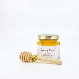 Mommy to Bee Baby Shower Party Favor 2 oz Honey with Personalized Wildflower Label, Charm, Dipper, & Free Printable Sign