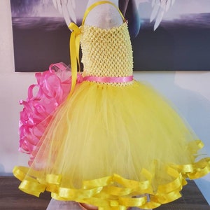 Ribbon trimmed tutu dress, Flower girl dress, My little pony tutu dress with removable tail, crochet top,