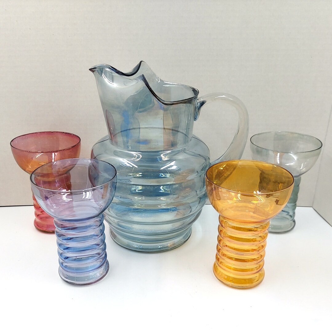 Dunbar Aramis Ringed Glass Pitcher & Glasses / Depression Etsy