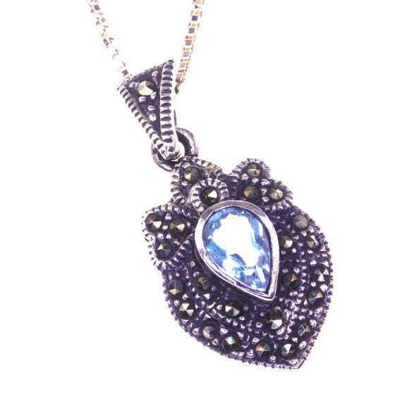 CW Blue Topaz Marcasite Sterling Silver Pendant a… - image 1