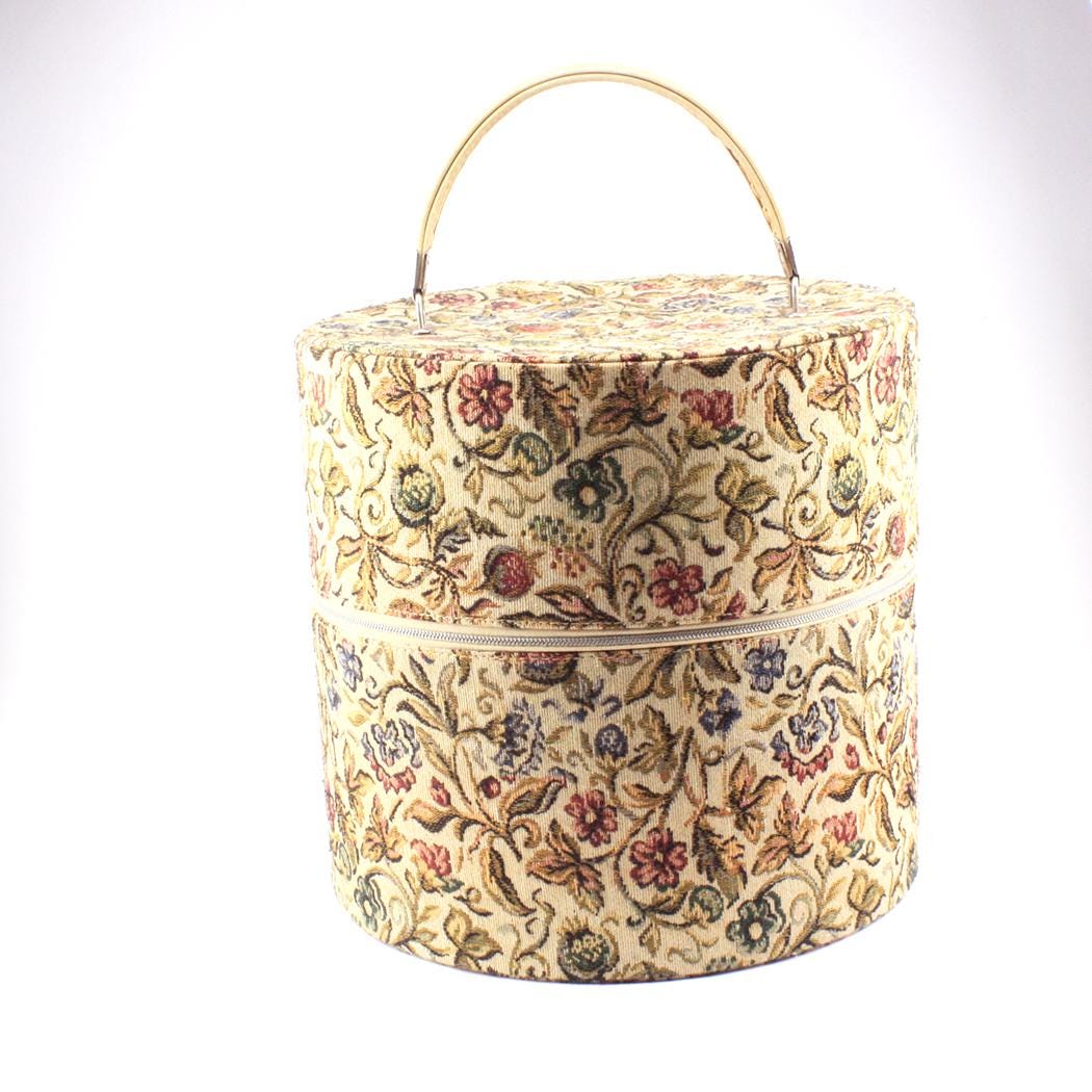 Mid Century Travins Hat Box with Floral Tapestry Fabric Retro Storage & Vintage Style Accessory Case