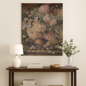 Vintage Floral Tapestry Wall Hanging – Woven Cotton & Polyester Art Decor – Botanical Bouquet Print – Boho Cottagecore Wall Art