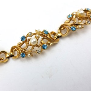 Vintage Gold Bracelet | Blue Rhinestones & Faux Pearls | Openwork Filigree
