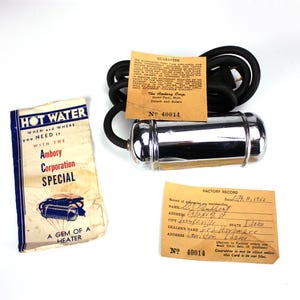 1952 Ambory Portable Electric Water Heater – Original Box, Paperwork, and Guarantee Card