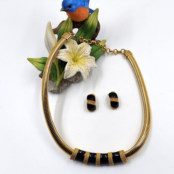 Gold Tone and Black Enamel Necklace and Earrings … - image 1