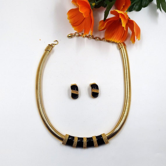 Gold Tone and Black Enamel Necklace and Earrings … - image 5