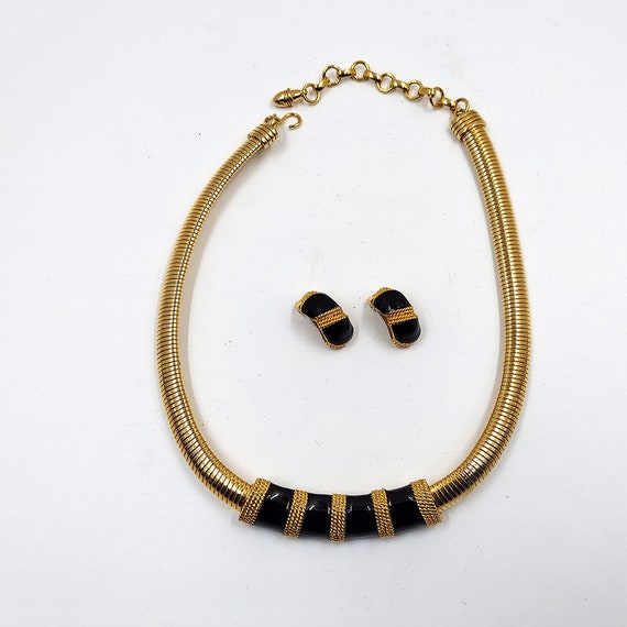 Gold Tone and Black Enamel Necklace and Earrings … - image 2