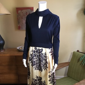 1970s Formal Gown Maxi Dress Navy Sexy Keyhole Top Black and Cream Floral Brocade Silk Skirt Party Dress