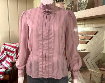 Sweet Vintage 80s High neck mauve pink blouse striped buttons Retro 1980s Size M