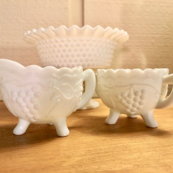 Vintage Milk Glass Creamer Sugar Bowl by Imperial Glass Milkglass Set Grape Vine and Leaves 3 Footed Doeskin