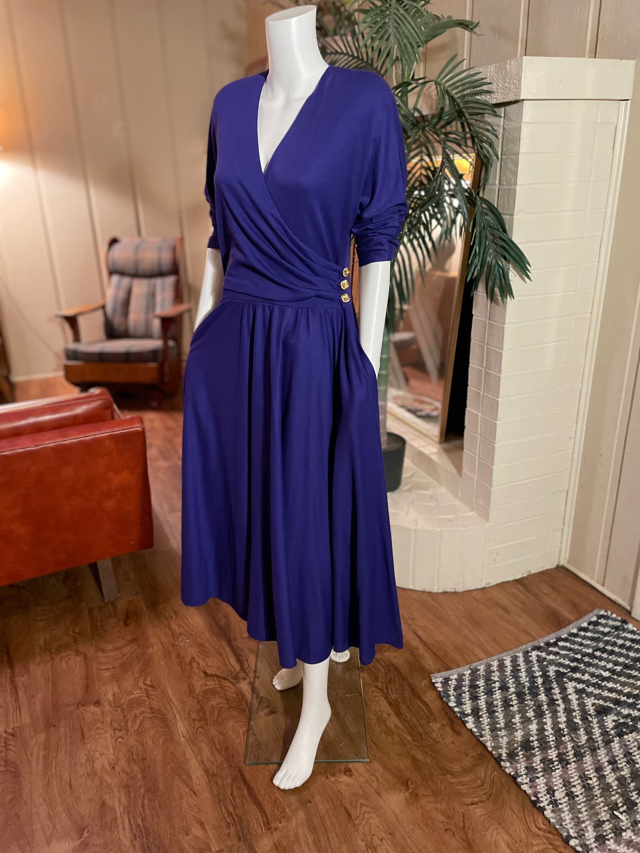Vintage 80s Fit & Flare Jersey Dress Full Skirt Purple Pockets 