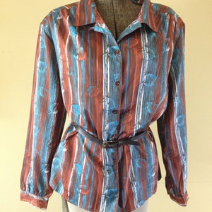 Vintage 1970&#39;s Women&#39;s Blouse Brown Teal Blue Button up Pretty Leaf pattern Size M/L