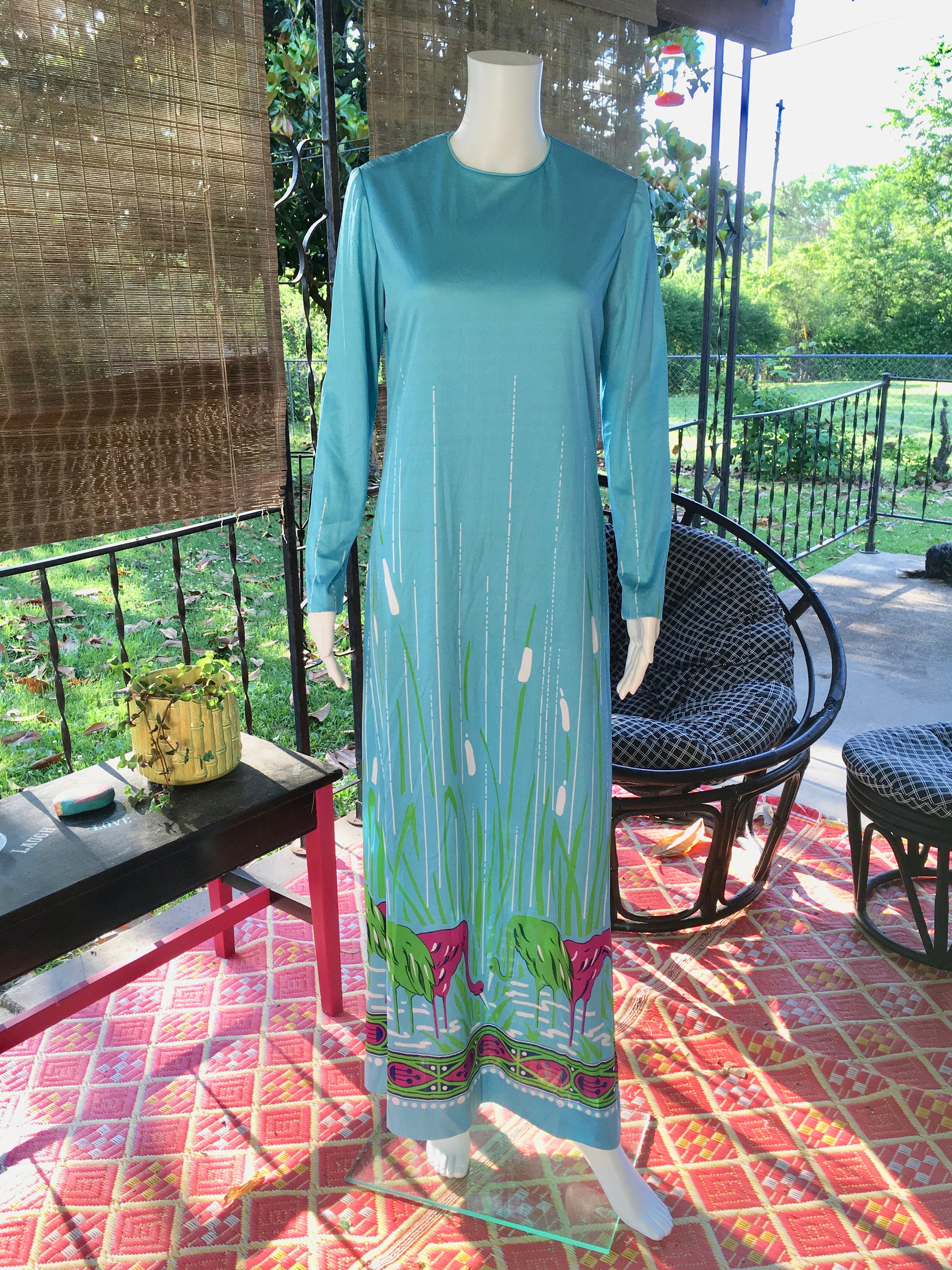 Vintage 1970s Long Maxi Dress by Orsini Aqua Blue Silky Nylon | Etsy
