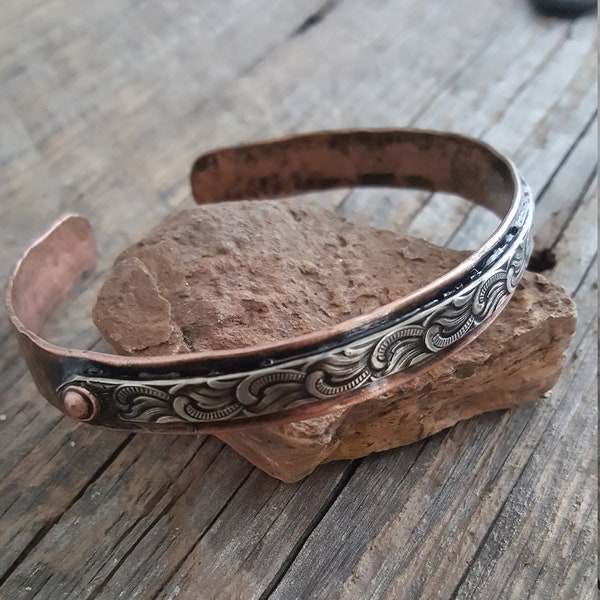 Cuff Bracelet Copper Cuff German Silver Mixed Metal Rustic Oxidized Wave Unisex Jewelry Birthday Mom Dad Boyfriend Girlfriend Gift lgbstyles