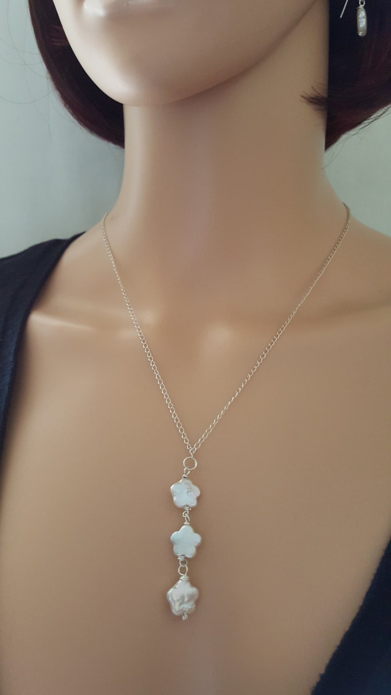 Freshwater Pearl Necklace Sterling Silver Flower Pearl Dangle Drop Pendant Wedding Jewelry Brides Bridesmaids Necklace Minimalist lgbstyles