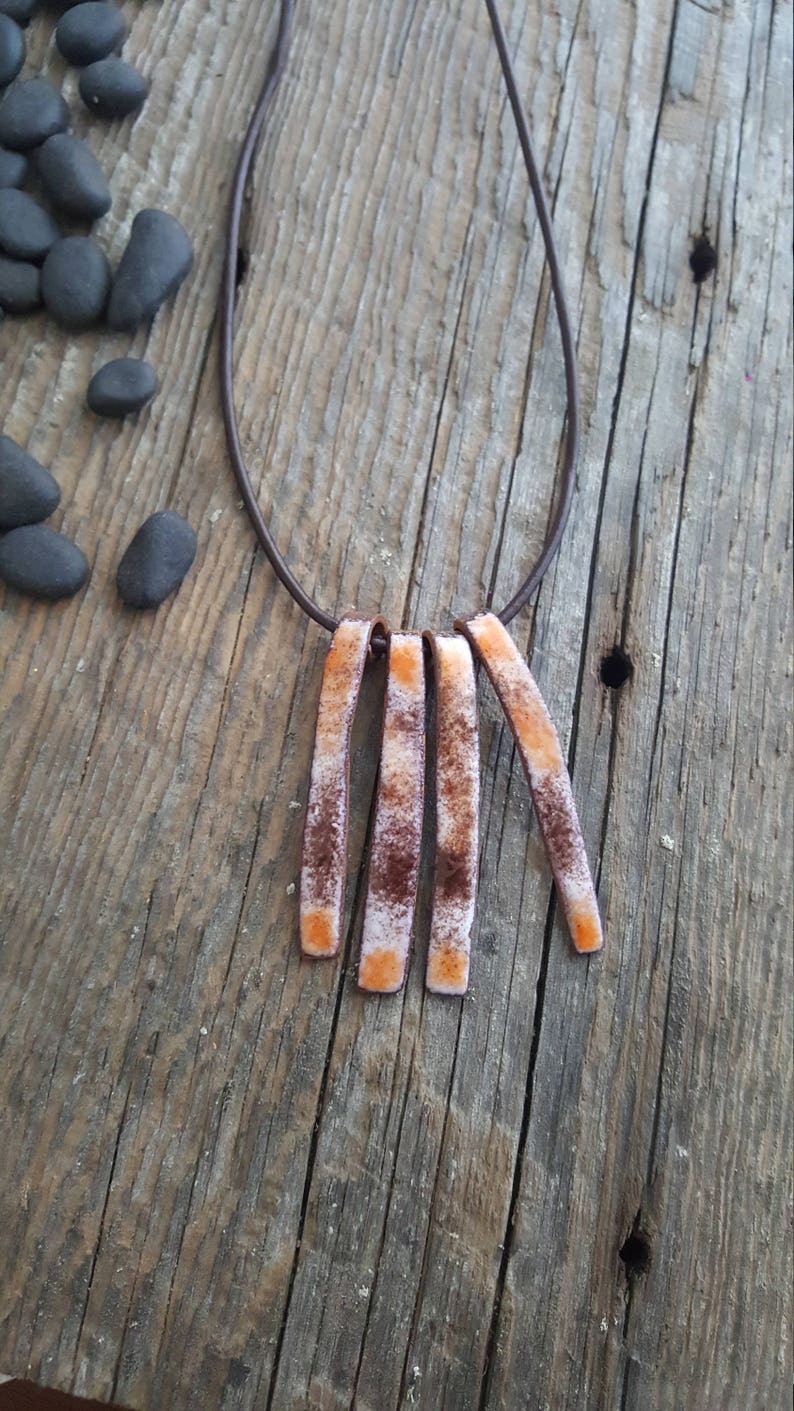 Enamel Glass Fan Stick Pendant Necklace Orange Brown Etsy Canada