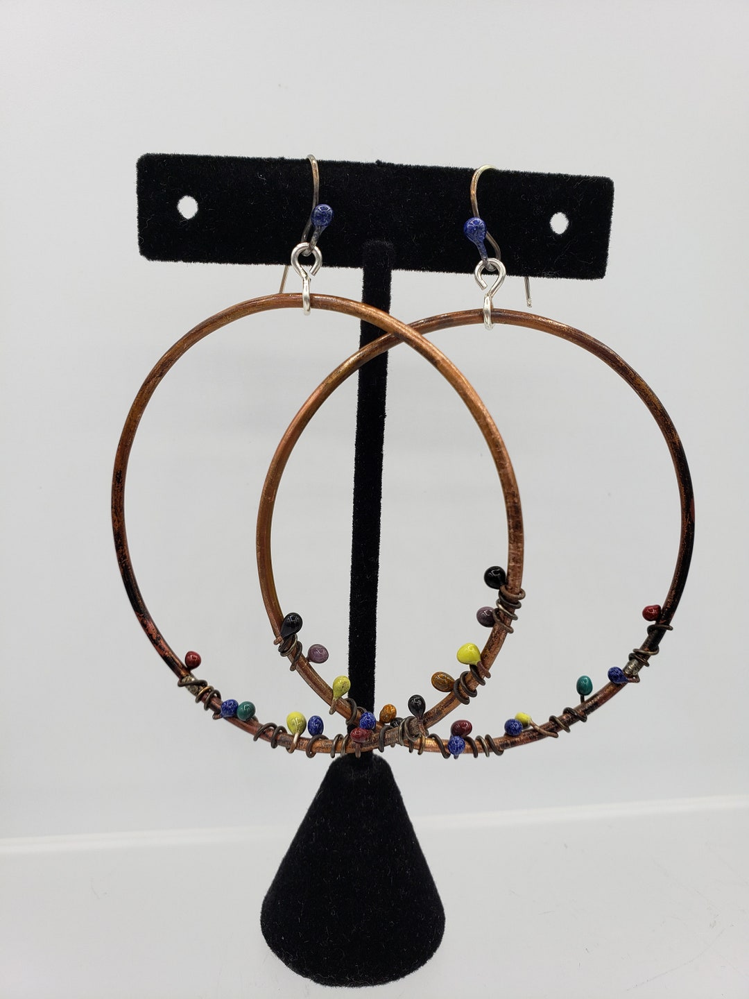 Large Copper Hoop Earrings Enamel Dots Sterling Silver 3.25 Inch Hoops