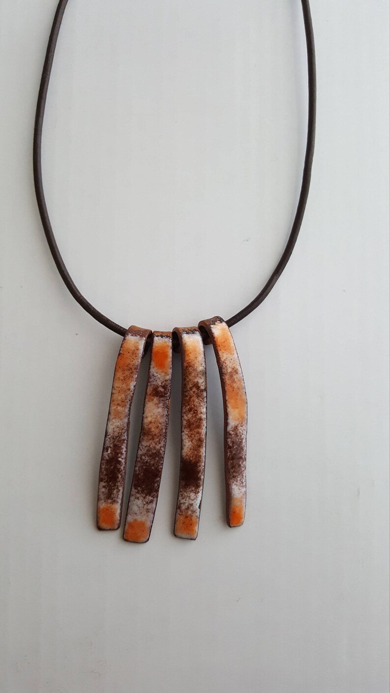 Enamel Glass Fan Stick Pendant Necklace Orange Brown Etsy Canada