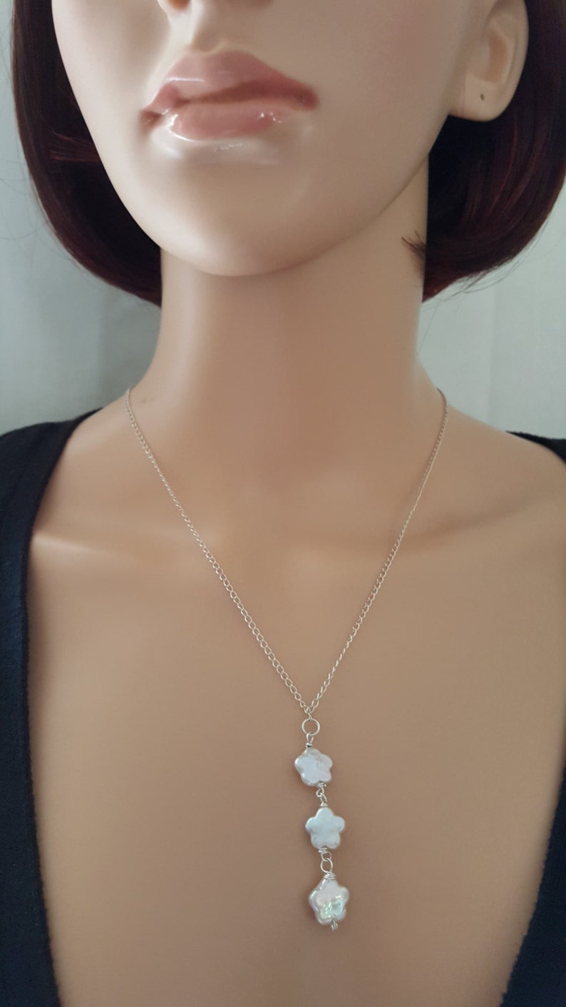 Freshwater Pearl Necklace Sterling Silver Flower Pearl Dangle Drop Pendant Wedding Jewelry Brides Bridesmaids Necklace Minimalist lgbstyles