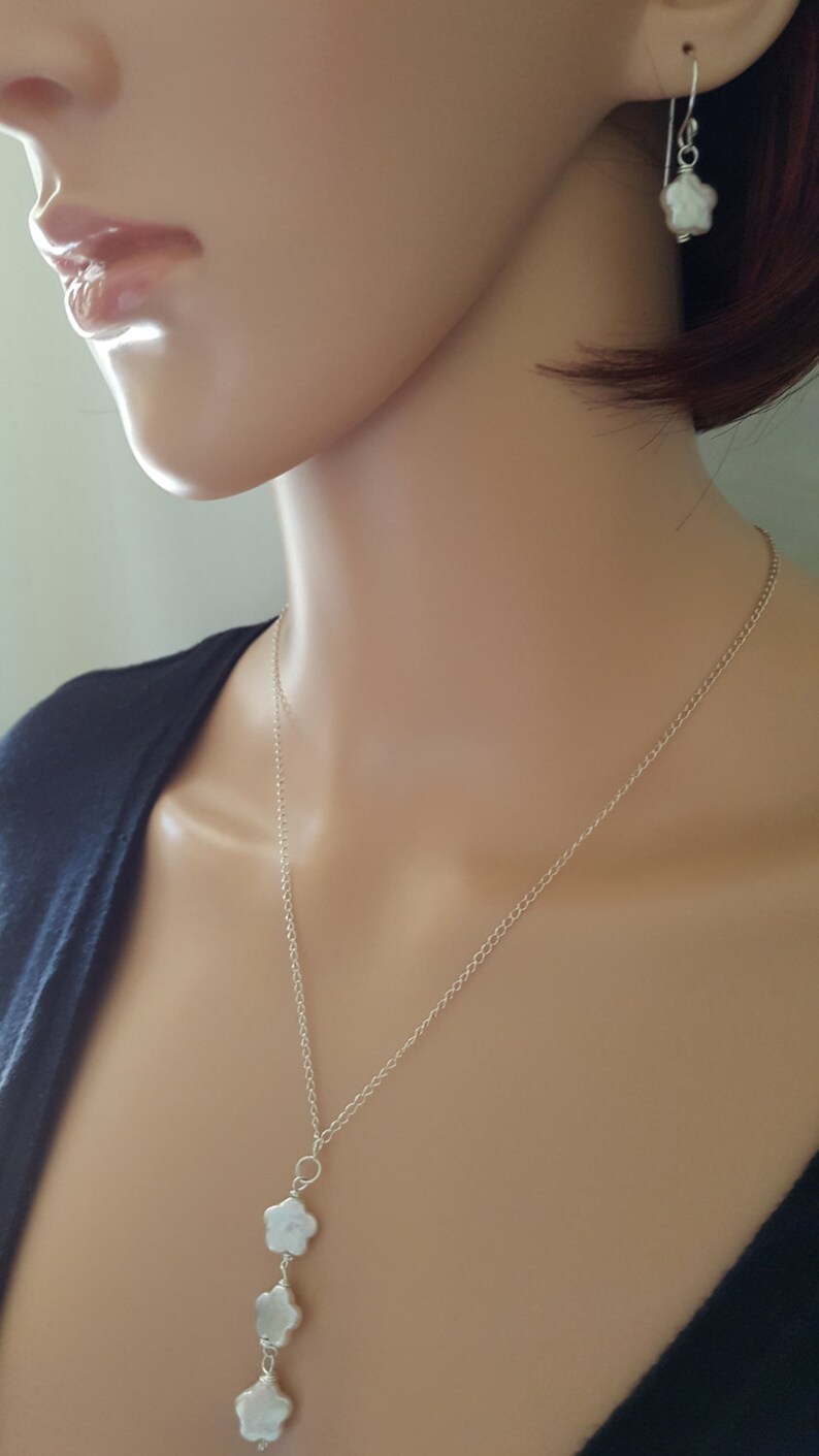 Freshwater Pearl Necklace Sterling Silver Flower Pearl Dangle Drop Pendant Wedding Jewelry Brides Bridesmaids Necklace Minimalist lgbstyles