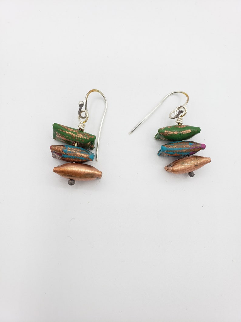 Colorful Copper Earrings Sterling Silver Kinetic Earrings Painted Copper Pillow Beads Earrings 7th Anniversary Gift Boho lgbstyles Jewelry
