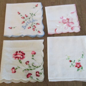 Hankies - 1 Lot of 4  Pink hanky and Red hankie pink and blue handkerchief - flowers scalloped embroidered variety.  All in good condition