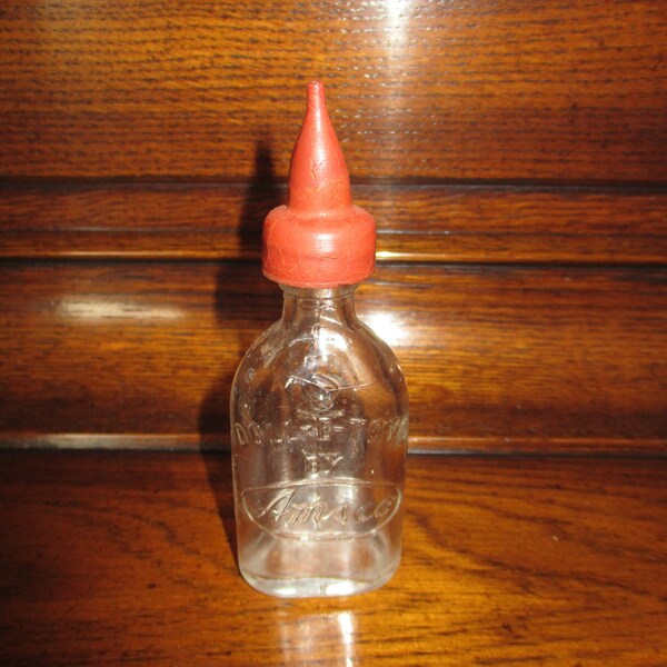 Doll-E-Toys by Amsco glass childs baby doll bottle.  Vintage rubber original nipple babys bottle. 1950's