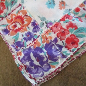 Handkerchief purple orange and green flowers roses daffodils with special zig zag stitching edges on this beautiful hankie