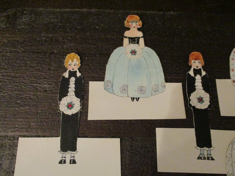 Wedding party vintage name cards bride and groom bridesmaids groomsmen placement cards
