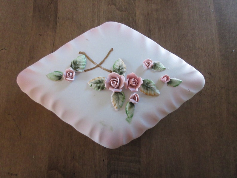 1960s Handpainted TILSO Made in Japan 53-139 Ceramic dish with lid trinket candy powder jewelry box type piece Pink ROSES