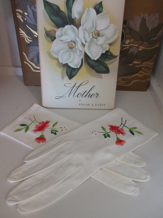 Vintage Floral Embroidery on Leather Gloves came … - image 1