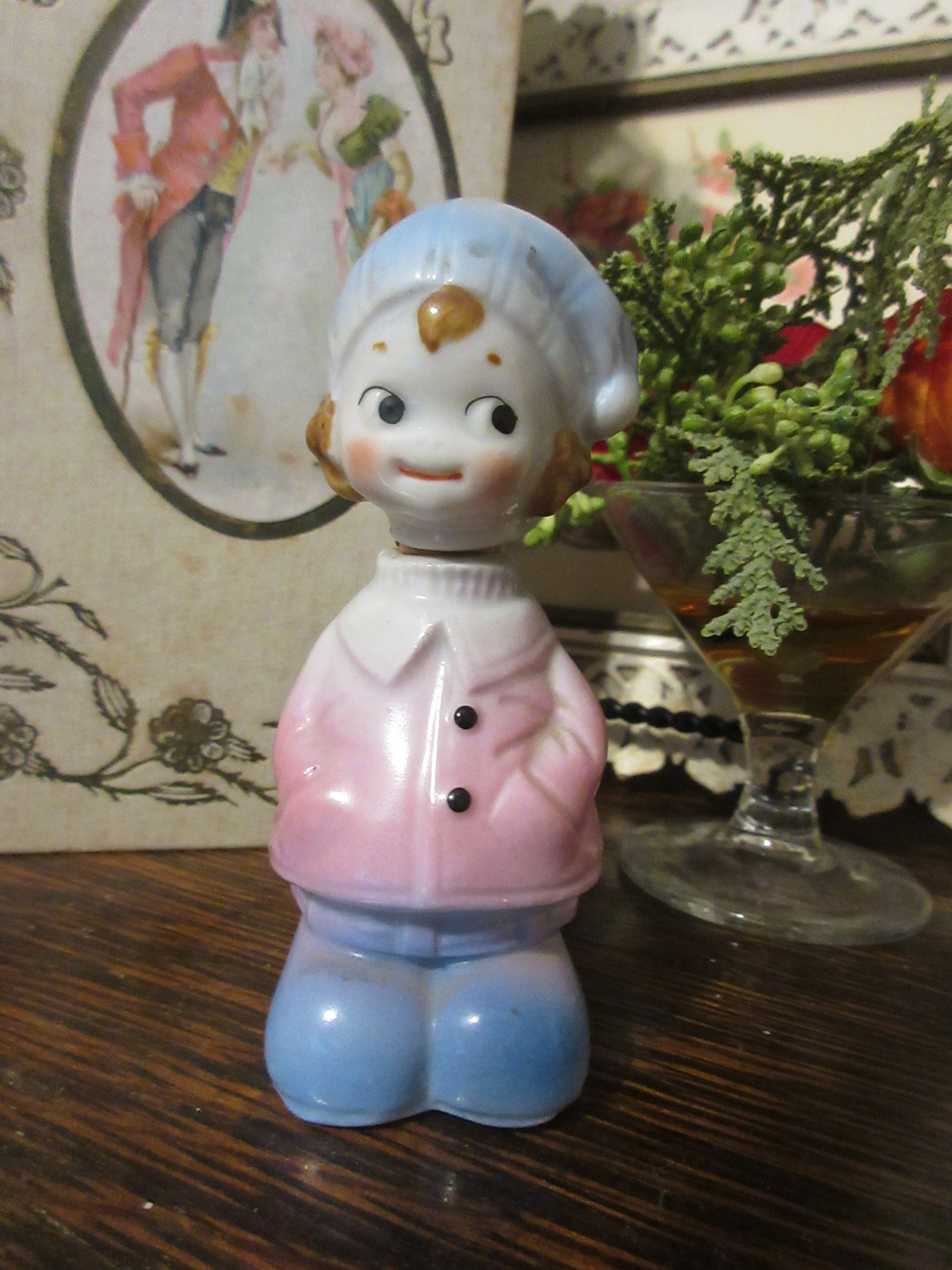 Rare Antique vintage Googlie Eyes Bisque Girl figurine with removeable head - cork - bobble head type Not Marked - Artist unknown