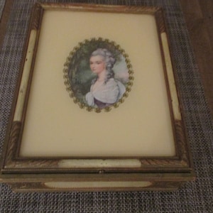 Vintage Jewelry / Trinket Box Victorian Lady front lift up mirror inside w/ compartments - Great for dresser store lovely items.