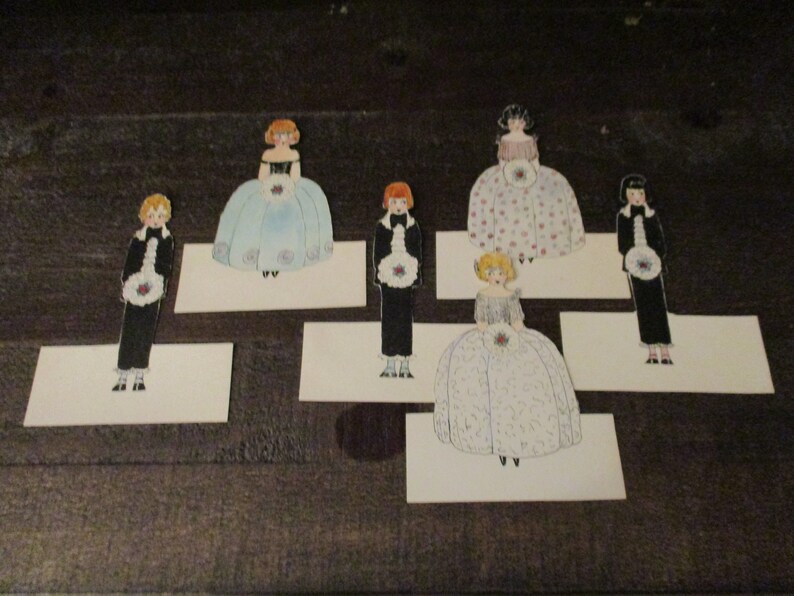 Wedding party vintage name cards bride and groom bridesmaids groomsmen placement cards