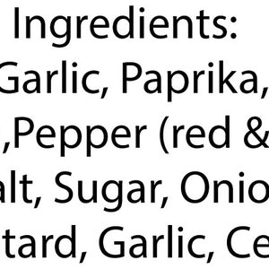May include: A list of ingredients for different BBQ rubs, including All American BBQ, Memphis Rub, Beef Rub, and BBQ Chicken. The ingredients include sea salt, sugar, onion, garlic, paprika, pepper, thyme, cumin, and spices.