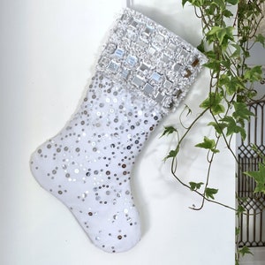 Luxury Christmas Stockings, Unique Handmade Christmas stockings, White with silver sequins, Heirloom quality for an Elegant, Beautiful Decor