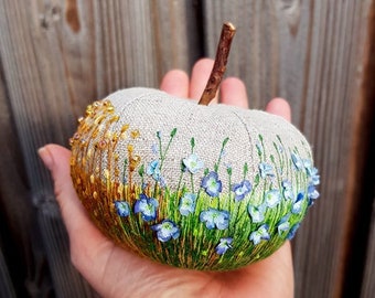 Decorative textile apple. textile art. Hand-sewn and embroidered linen apple Flax field. With lavender scent. apple art. OOAK