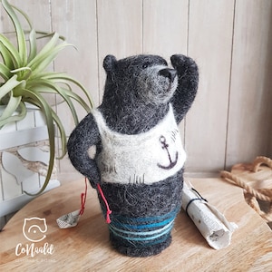 Felt doll. Decorative wool doll Bear treasure hunter. Captain. Sailor. With treasure map. Wool art. Matryoshka from wool. Storage box. OOAK.